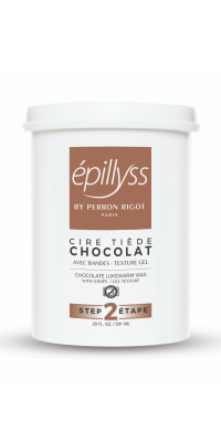 A white 20oz container of Epillyss Chocolate Wax; with a soft chocolate brown label 